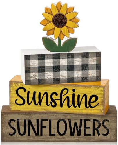 Yuntau 4 Pcs Sunflower Decorations, Wooden Block Sign Tiered Tray Decor