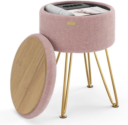 Round Ottoman with Storage, Boucle Storage Ottoman, Foot Stool Ottomans, Makeup Vanity Stool, Small Ottomans Foot Rest, Modern Vanity Stools for Living Room and Bedroom, Pink