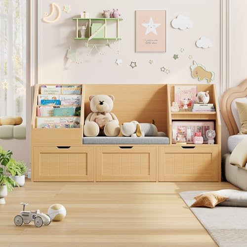 FOTOSOK Kids Bookshelf with Reading Nook, Toy Storage with Seat Cushion