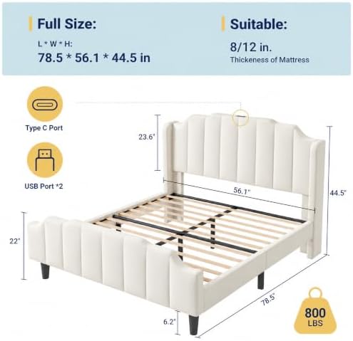 Allewie Vintage Full Size Velvet Platform Bed Frame, White