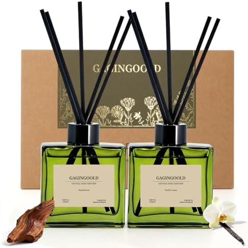 Reed Diffuser Set of 2, 4 fl oz Earthy Sandalwood & Vanilla Cream Scent Diffuser with 20 Sticks, 180 Days Long Lasting Elegant Home Fragrance for Bathroom Bedroom Decor Air Fresh