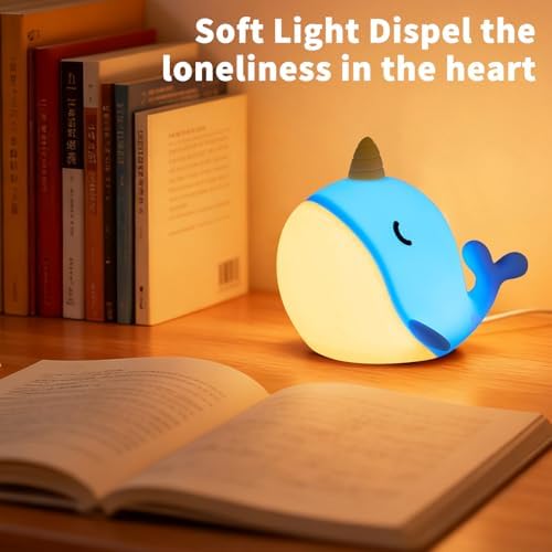Cute Narwhal Night Light, Tap Control with 3 Warm White Brightness, USB Kids Bed Lamp with 30-Minute Timer, Soft Silicone Glow for Nursery, Birthday Gift, Blue