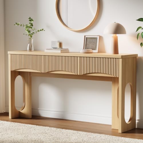 63" Fluted Console Table with 3 Storage Drawers,Oak