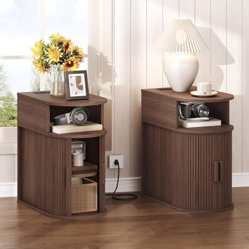 RALGEND Narrow End Table Set of 2 with Charging Station and Storage Shelf