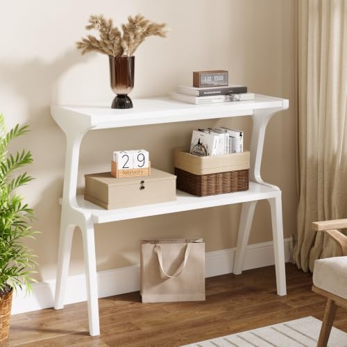 Tribesigns 2-Tier Solid Wood Side Table, Modern White End Table with Storage Shelves, Tall Slim Side Table for Couch with Unique Legs, Long Bedside Table for Bedroom, Living Room