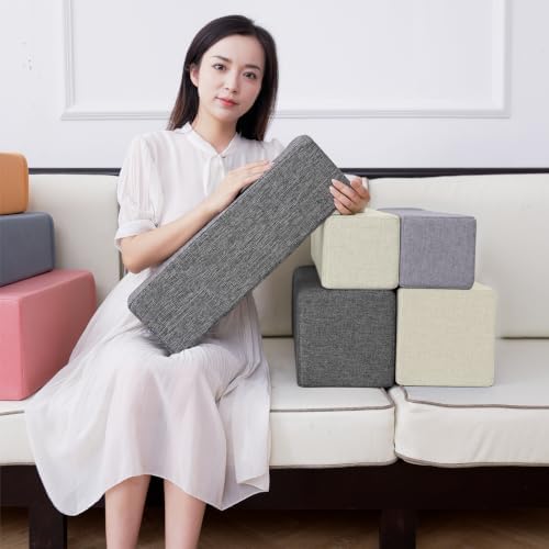 2 Pack Couch Arm Rest Pillow, 8''x8''x20'' Linen Cover, High Density Foam Armrest Cushion, Removable & Washable Elbow Support for Sofa, Bed, and Armchair (Beige)