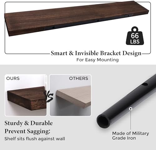 Axeman Floating Shelves, 8 Inch Deep Rustic Solid Wood Wall Shelves for Storage, Wall Mounted Display Shelving with Invisible Heavy-Duty Metal Bracket, 48" W x 8" D x 1.6" H, Rustic Brown