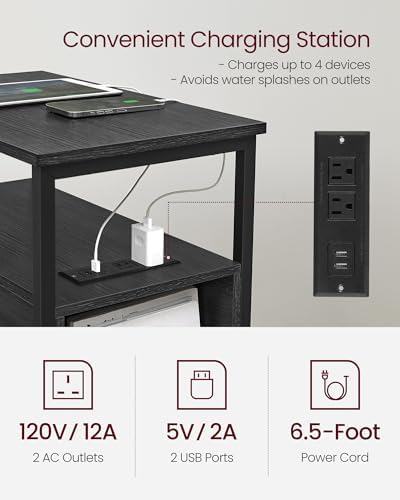 VASAGLE Side End Table with Charging Station, Slim Nightstand with Storage