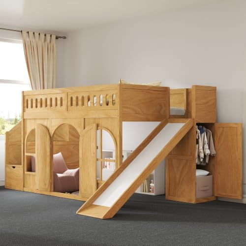 LUMISOL Twin Size Wood Loft Bed with Slide and Storage Staircase, Solid Wood Playhouse Loft Bed with Wardrobe and Window, Natural