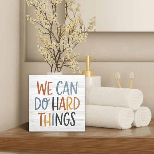 Inspirational Kids Classroom Wood Box Sign Desk Decor 5X5, We Can Do Hard Things Wooden Block Sign Decorations for Kids Nursery Bedroom Room Playroom Desk Table Wall Tabletop Shelf Decor