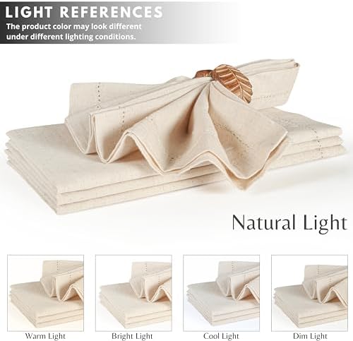 Ramanta Home Natural Cloth Dinner Napkin Set of 12-20x20 Inch, Premium Cotton Linen Flax Hemstitched Napkins, Soft Durable Washable for Everyday Use Thanksgiving Christmas Parties Halloween