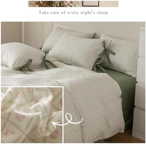 Pink Floral Duvet Cover Queen Cottage Vintage Bedding Set Queen Aesthetic Flower Cute Girls Duvet Cover Set with 2 Green Bowknot Pillow Shams Soft Cotton Grid Plaid Cream Comforter Cover