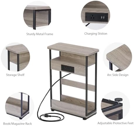 YEAKOO Narrow Side Table with Charging StationSmall Spaces Narrow End Table