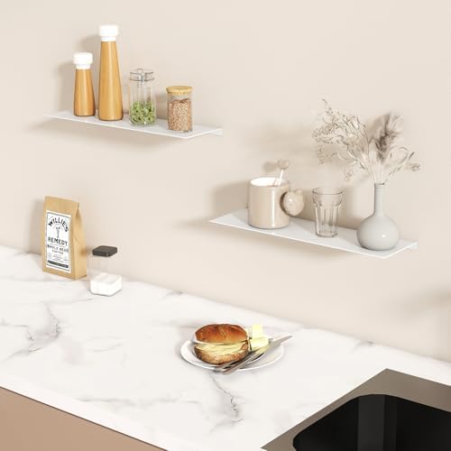 MKO 16" Floating Shelves for Wall, Metal Wall Mounted Shelf for Bathroom, Bedroom, Living Room, Kitchen, Hanging Shelves for Books/Storage/Room Decor 2 Packs, White