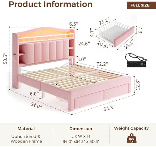 Kids LED Bed Frame with Storage Headboard & 2 Storage Drawers (Full&Pink)