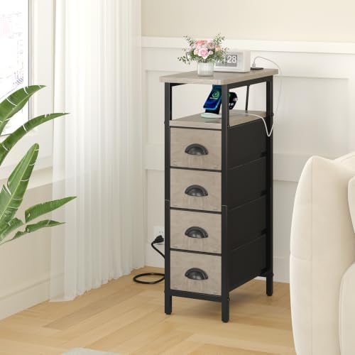 sthmec Side Table with Charging Station, Narrow End Table with 4 Drawers, Small Nightstands with Fabric Drawers,Slim Sofa Couch Side Tables for Small Spaces,Living Room,Bedroom, Grey