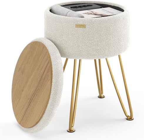 Round Ottoman with Storage, Boucle Storage Ottoman, Foot Stool Ottomans, Makeup Vanity Stool, Small Ottomans Foot Rest, Modern Vanity Stools for Living Room and Bedroom, Cream