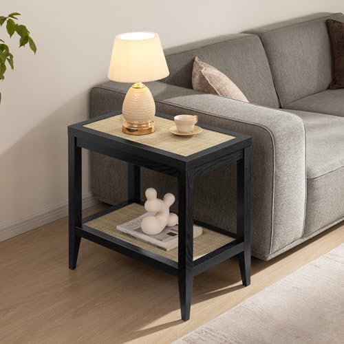 SICOTAS Rattan Bedside Table Set of 2, End Table with Storage