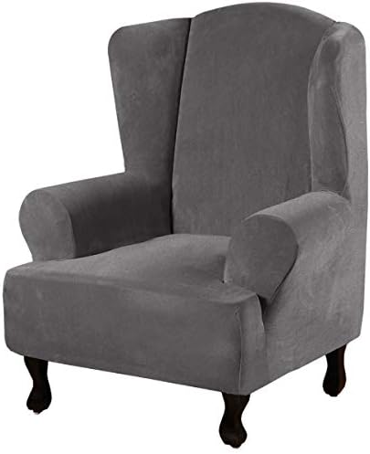 H.VERSAILTEX Wingback Chair Covers Velvet Plush Wing Chair Slipcover 1 Piece High Stretch Wing Back Chair Slipcovers Sofa Cover Furniture Cover with Elastic Bottom, Grey