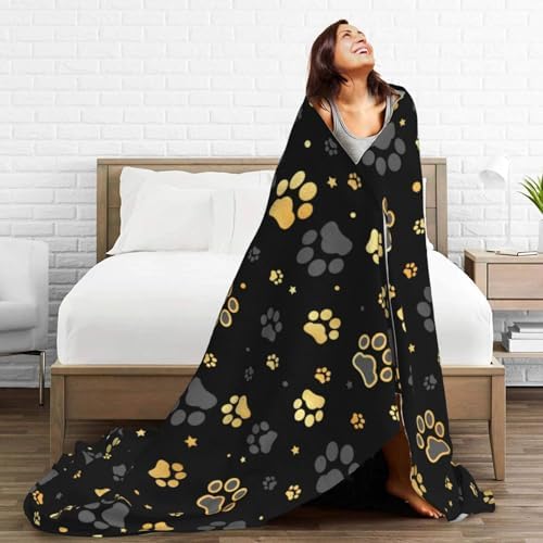 Gold Dog Paw Print Fleece Throw Blanket Ultra Soft Cozy Decorative Flannel Blanket for Home Bed Couch Chair Travel 50x40in