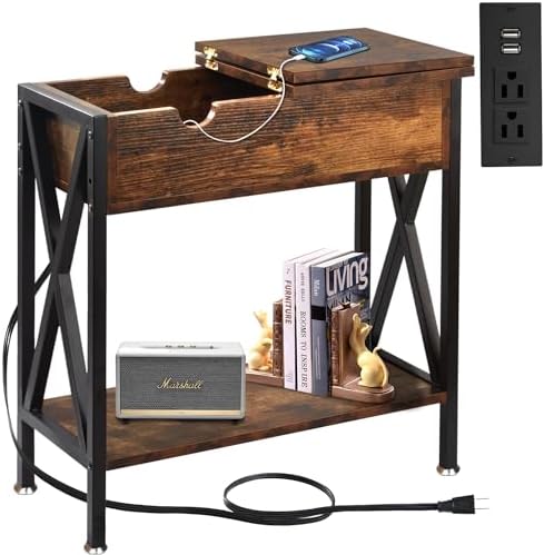 Flip Top End Table with Charging Station, 12" D x 24" W x 24" H, Brown
