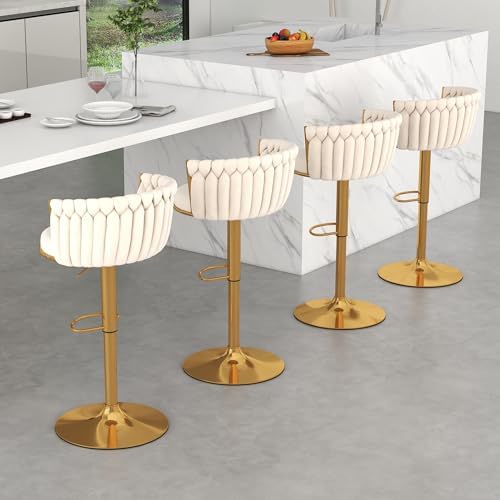 Gold Bar Stools Set of 4, Modern Adjustable Bar Height Barstools, Velvet Swivel Bar Chairs with Woven Backrest, Metal Footrest & Base, Upholstered Counter Stools for Kitchen Island, Beige