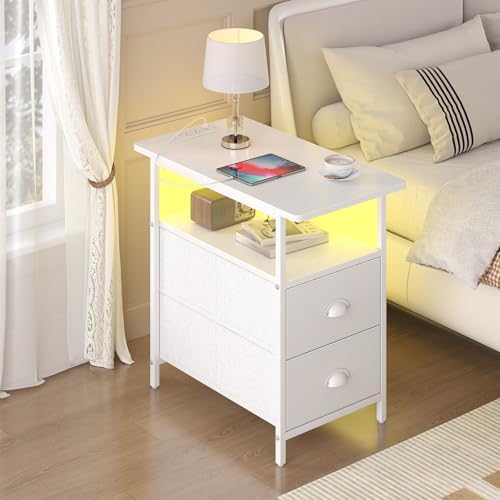 sthmec End Table with Charging Station, Narrow Side Table with 2 Drawers, LED Nightstands with Drawers, USB Ports & Power Oulets,Slim Sofa Side Tables for Small Spaces,Living Room,Bedroom,White