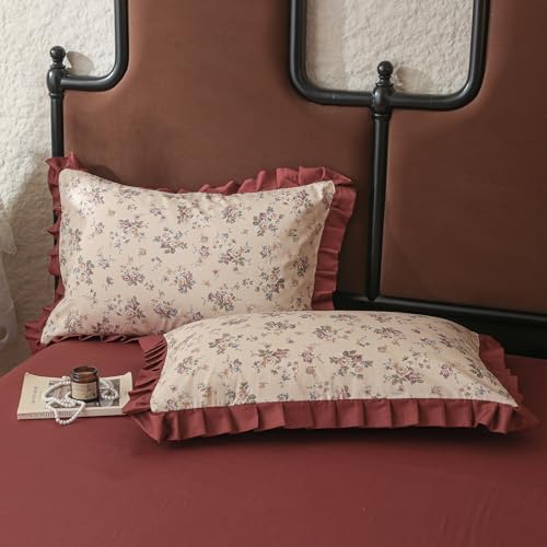 Girls Flower Duvet Cover Set 100% Cotton Twin(68"x86"),Ruffled Wine Red