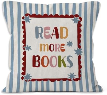 Boho Classroom Reading Throw Pillow Cover 18x18, Book Lover Bookish Gifts Decorative Pillow Covers for Kids Nursery Bedroom Reading Room Corner Nook, Blue Striped Accent Pillows Cover Pillowcases