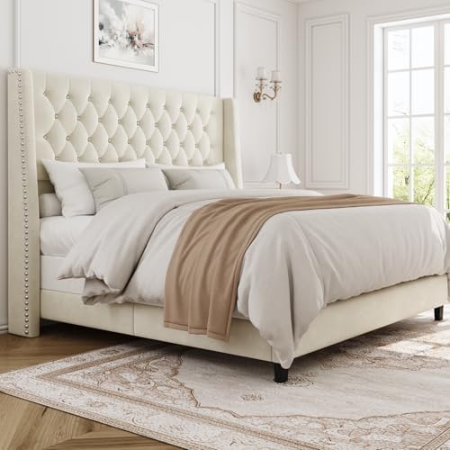 Queen Upholstered Bed Frame, 55.4'' Tall Headboard with Wingback