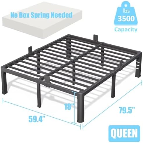 18 Inch Queen Bed Frame with Rounded Corner and Headboard Hole Mattress Retainers 3500 LBS Metal Heavy Duty Steel Slats Support No Box Spring Needed Platform Noise Free Easy Assembly