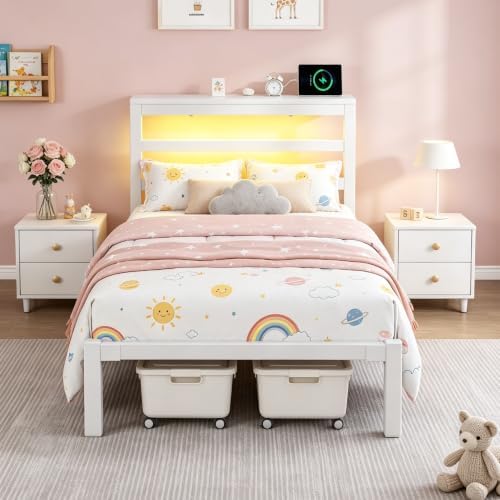 Twin Bed Frame with Charging Station and LED Lights Headboard,White