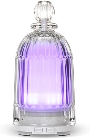 120ml Glass Essential Oil Diffuser, Ultrasonic Aroma Diffuser Glass Cover & Plastic Reservoir with Auto Shut-Off, 7 Colors LED Light for Home, Bedroom, Office, Yoga(White Base)