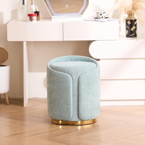 Swivel Vanity Stool with Back Comfy Vanity Chair with Gold Base Modern Round Stool for Makeup Vanity Ottoman Foot Rest for Bedroom livingroom (Sage)