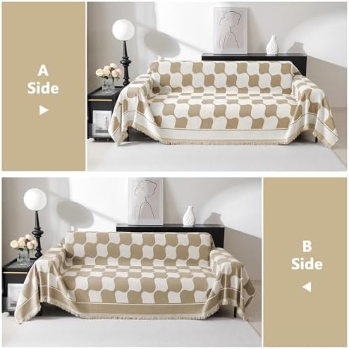 MEETSKY Sofa Cover Washable Sectional Couch Cover, X-Large Couch Slipcovers for Reclining Couch 2 Seat ，Washable Sofa Protector Decorative Modern Style for Living Room, 71" x 118", Khaki Checkerboard