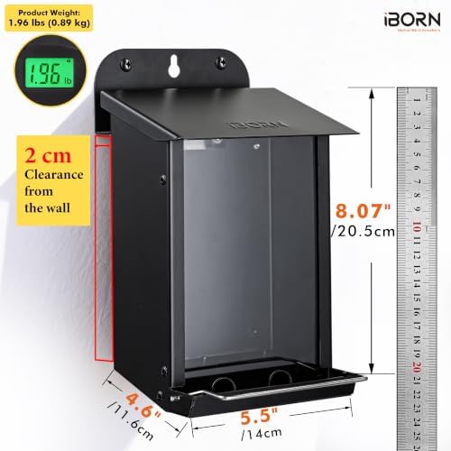 iBorn Bird Feeder for Outdoors, Wall Mounted Bird Feeder Weatherproof Metal Roof, Heavy Duty Metal Birdfeeder for Tree, Fence, Wall Screwed-in Mounting, All Detachable Easy Clean,1.3Lbs, Black