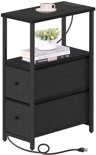 TUTOTAK Narrow End Table, Skinny Side Table with Charging Station