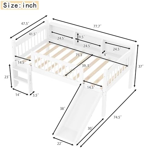 Bellemave Twin Loft Bed with Slide and Ladders, Solid Wood Low Loft Bed with Storage Shelves and LED Lights, Loftbed Frame for Kids, Boys, Girls, Childlike and No Box Spring Needed Design, White