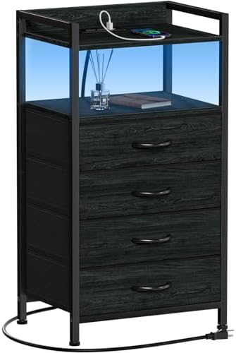 Furnulem Night Stand with Charging Station,LED,Tall Bedside Table for Dorm
