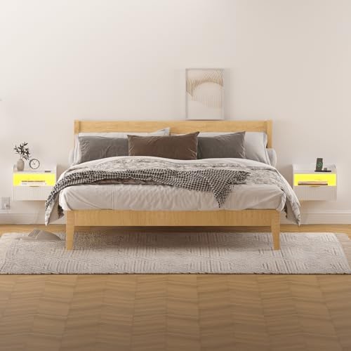 Veegle White Floating Nightstand with Charging Station and LED Lights (White)