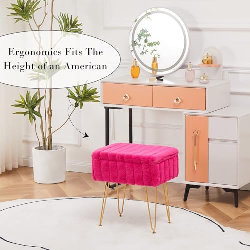 Wimarsbon Faux Mink Fur Storage Ottoman, Modern Soft Footstool, Storage Bench with Metal Legs, Vanity Seat, Fur Stool, Ottoman Coffee Table, Makeup Chair, Vanity Stools for Bedroom (Rose Red)