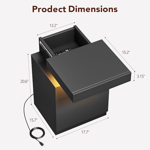 Nightstand with Charging Station and LED Lights, 17.7 Inches LED Night Stand with Sliding Top Storage, Adjustable Shelf, Bedside Table, Modern End Table for Bedroom, Single, Black