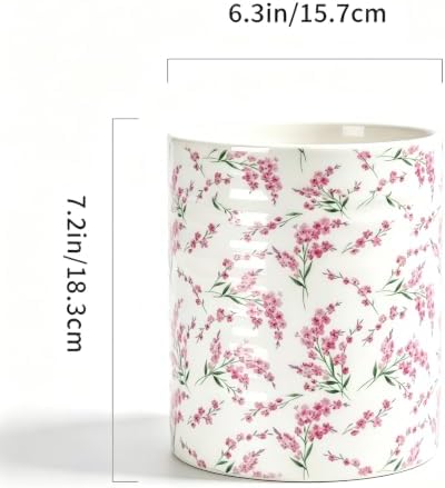 Kitchen Utensil Holder,7.2-inch Extra Large Sturdy Ceramic Cherry Floral Pattern Utensil Crock,Cooking Utensil Organizer for Kitchen Counter Decor,Storage Caddy Farmhouse Gift Pink Blossom
