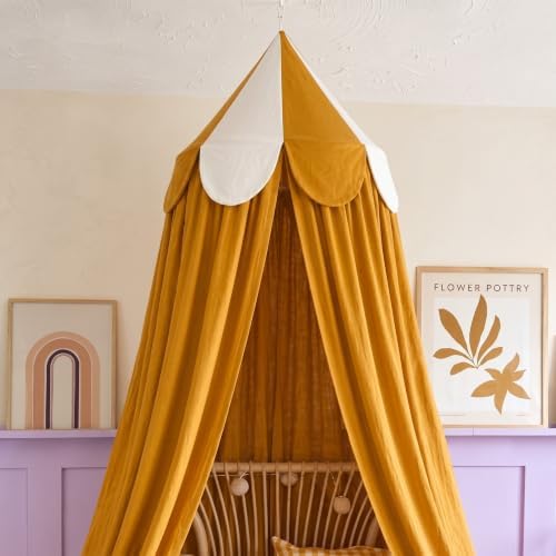Bed Canopy with Scalloped Edge, 2 Panel Striped, Camel