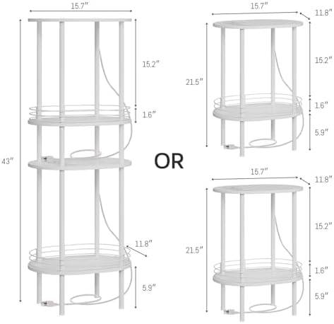 Small Oval Side Table with Charging Station, 2-Tier White Round End Table