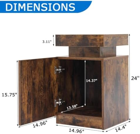 Nightstand with LED Lights Set of 2, 2 Pieces Bedside Tables with Storage Cabinet, Modern End Tables for Bedroom, Brown