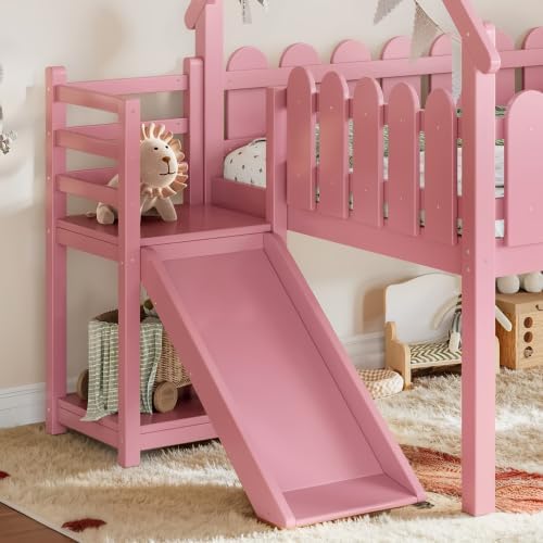 Bellemave Low Loft Bed Full with Slide and Lights Strip for Kids, Pink