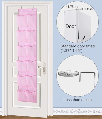 MISSLO Over The Door Shoe Organizer 12 Large Mesh Pockets Hanging Narrow Closet Door, Baby Hanging Shoe Rack Kids Closet Storage bags for Girl Women Men Toddler Nursery, Pink, 2 Pack