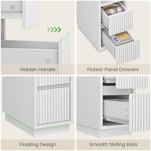 CHOEZON 8.7" Narrow Fluted Nightstand, Small Bedside Table with Drawers, Skinny Side Table, Modern Nightstand with 1 Semi-Open Shelf, Floating End Table, for Living Room, Bedroom, White MBZ12WB