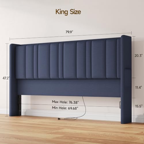 ONBRILL King Size Headboard with Storage, LED Light, Blue